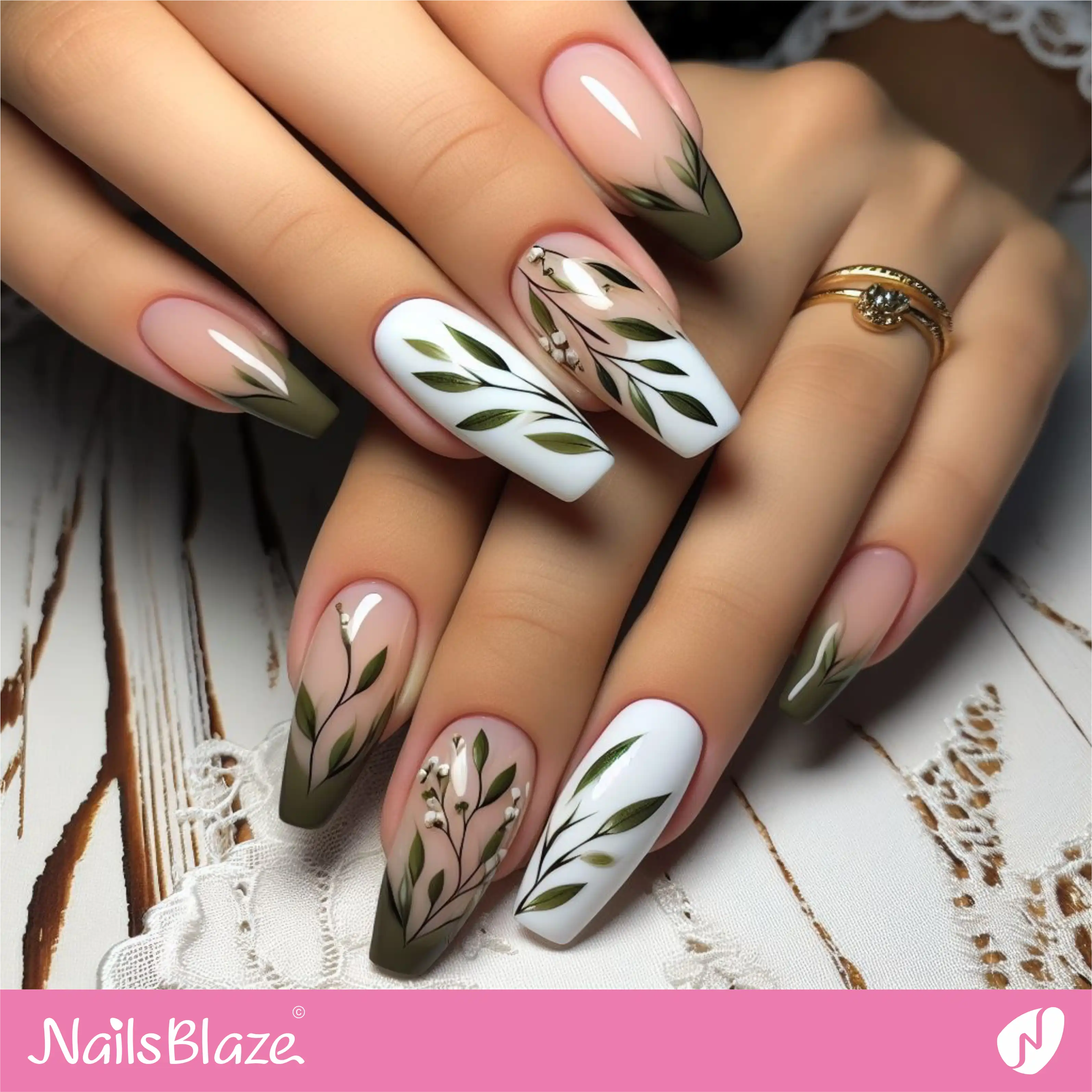 Olive Leaves French Nails | Nature-inspired Nails - NB1612